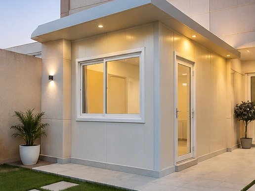 ملحق خارجي ساندوتش بانل بنافذة وباب زجاجي